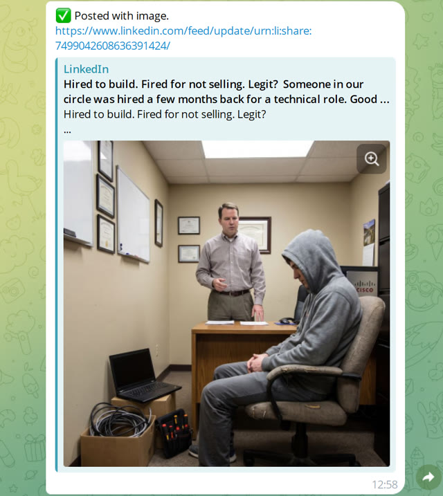 LinkedIn publish confirmation with a link to the live post